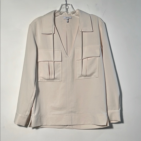 REISS Fleur Twin Pocket V-Neck Back Detail Lagenlook Minimalist Cream Blouse 0 - Picture 3 of 16